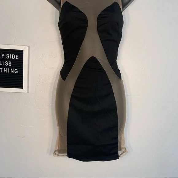 Fashion Nova Black Mesh Bodycon Mini Dress Sheer Panel Stretch Size Small - Picture 3 of 10